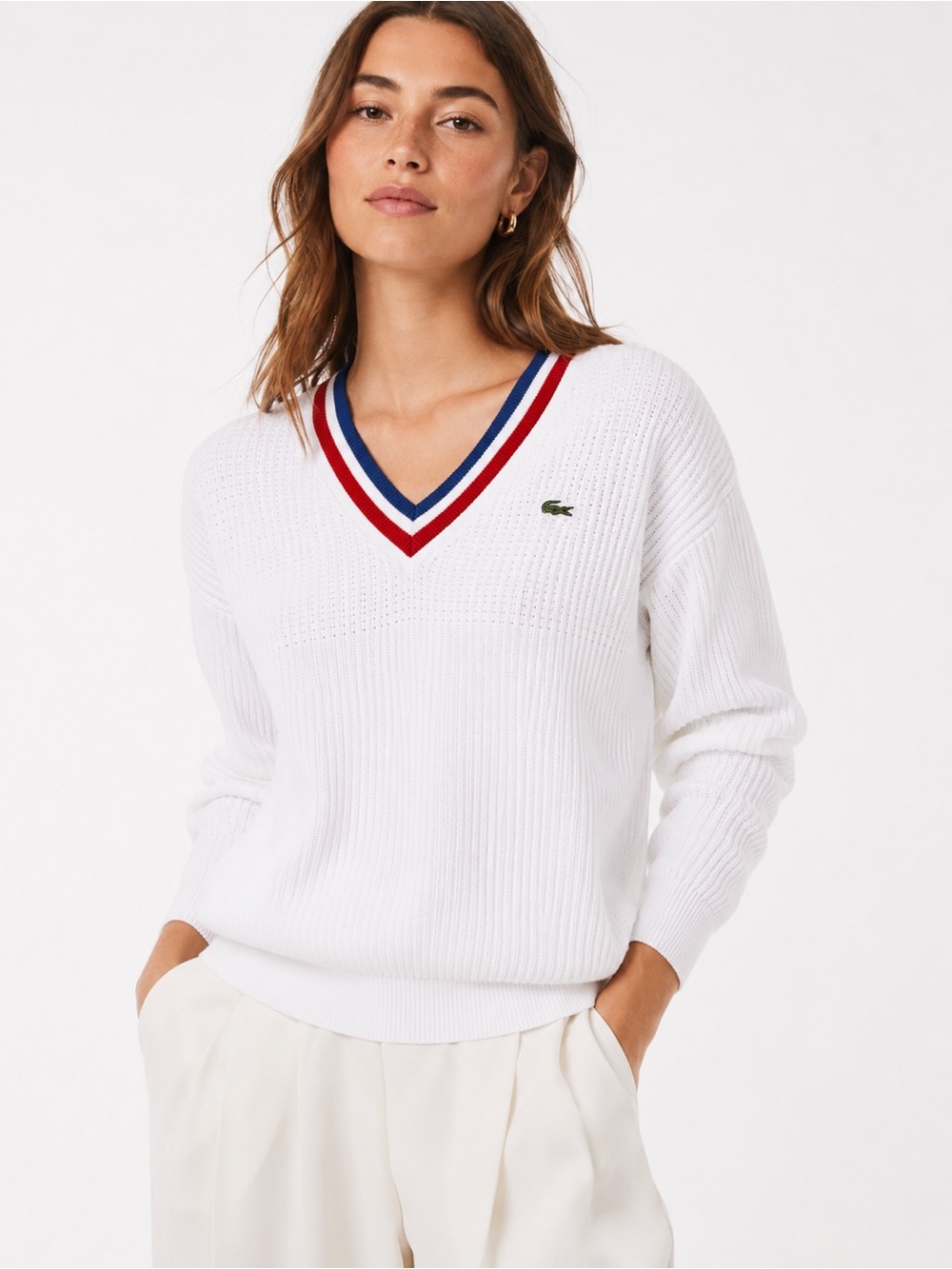 Vintage Lacoste Women’s Made in France White V-Neck Cotton Tennis Sweater 38